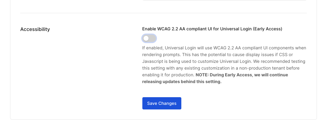 WCAG settings in Auth0 dashboard