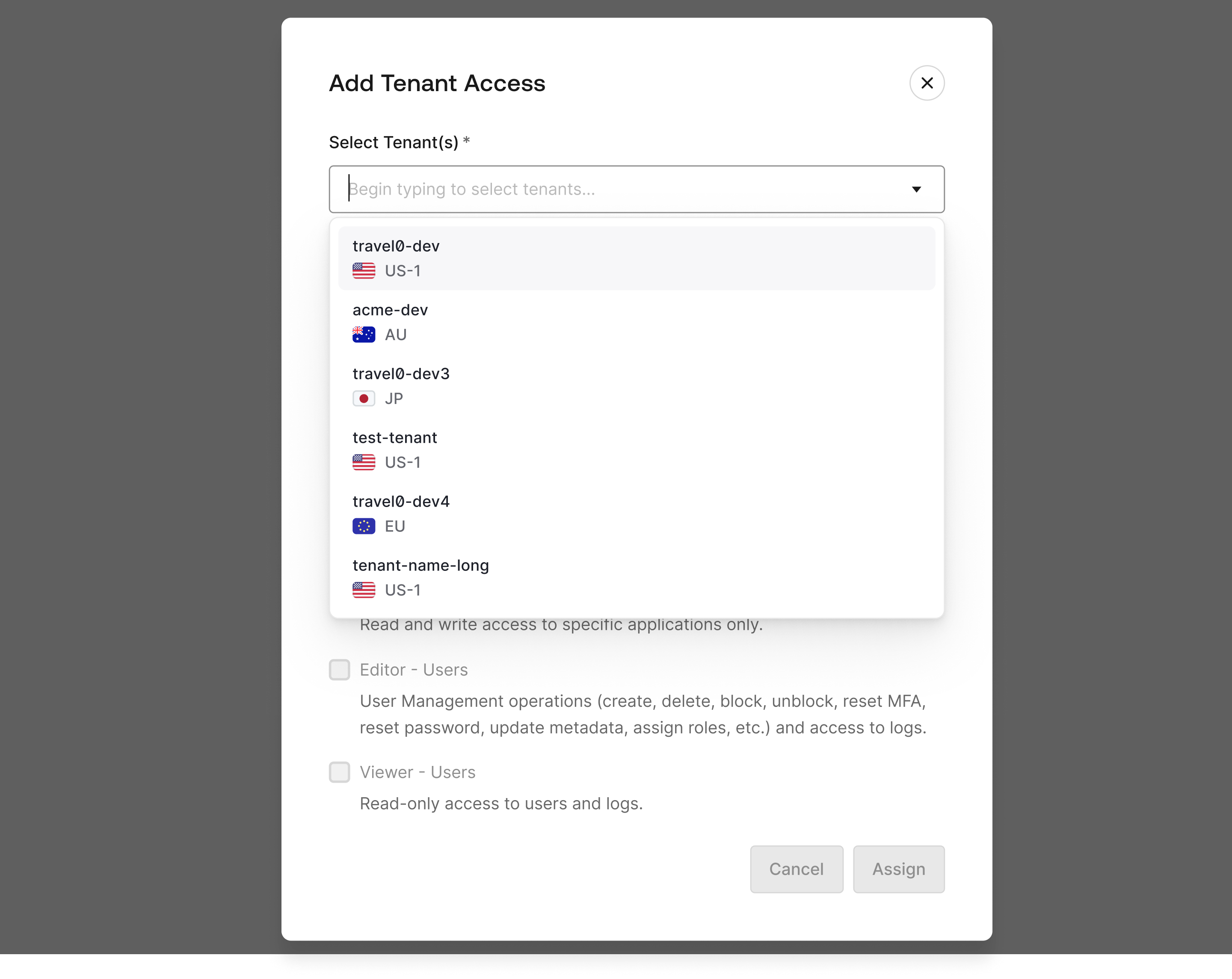 Selecting one or more tenant to grant access to Team Member