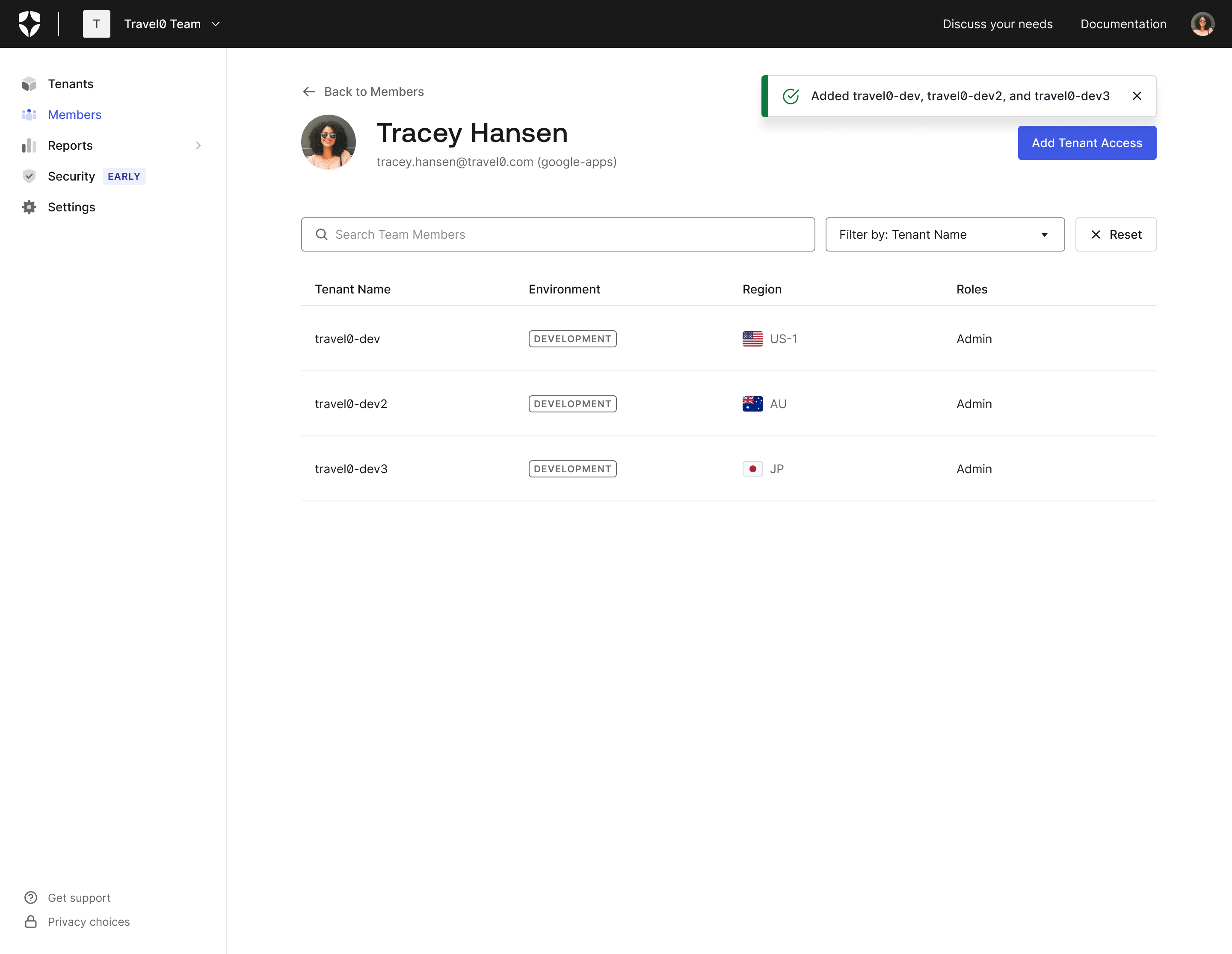 Team Member details page showing list of tenant access and roles confirmation