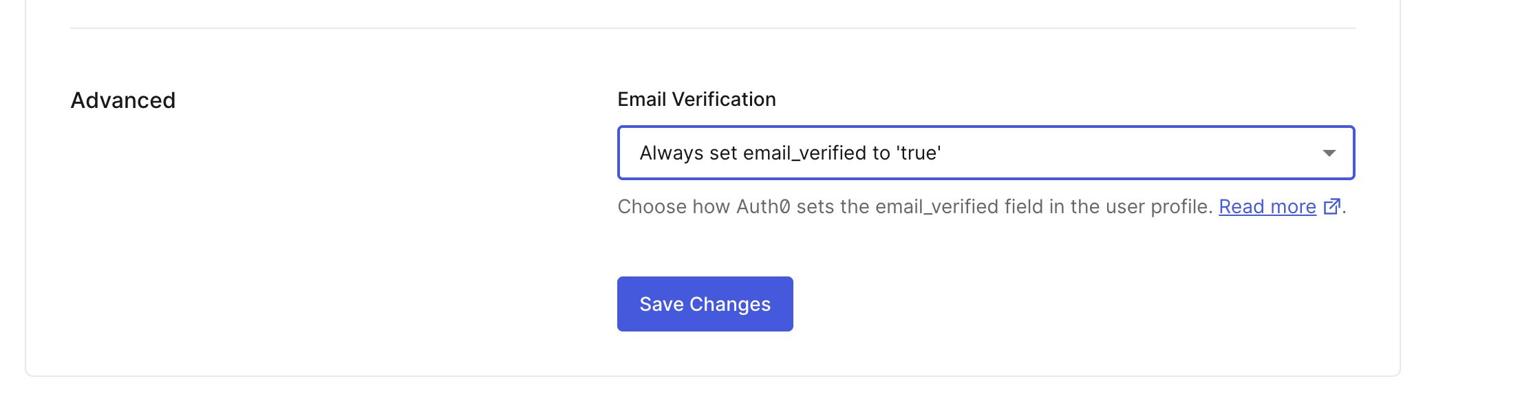 Advanced Settings - Email Verification option set to Always set email_verified to 'true'