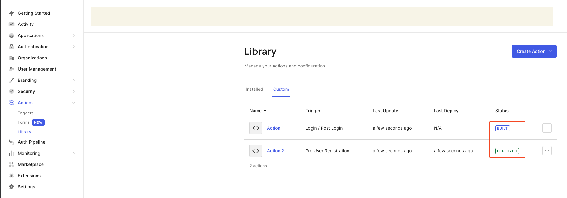 Actions Library Custom Menu