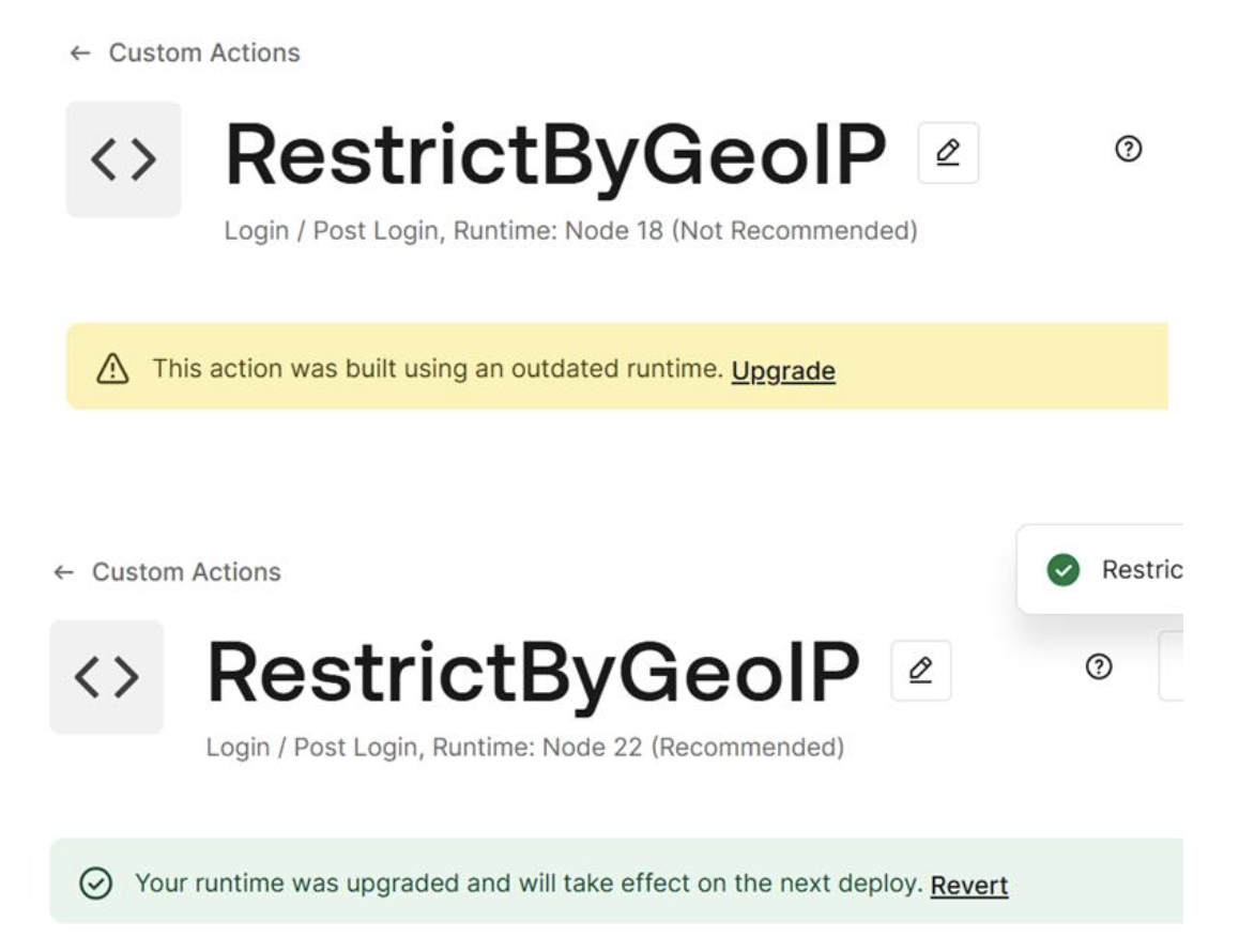 Runtime was upgraded and will take effect on the next deploy - Green