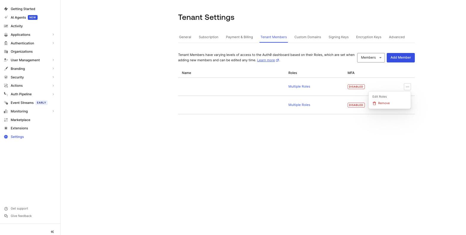 Screenshot displaying the Edit Roles option in the Tenant Dashboard
