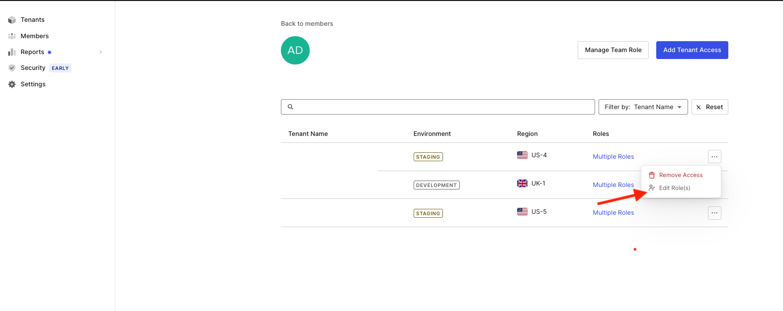 Screenshots displaying the Edit Roles option in the Auth0 Teams Dashboard