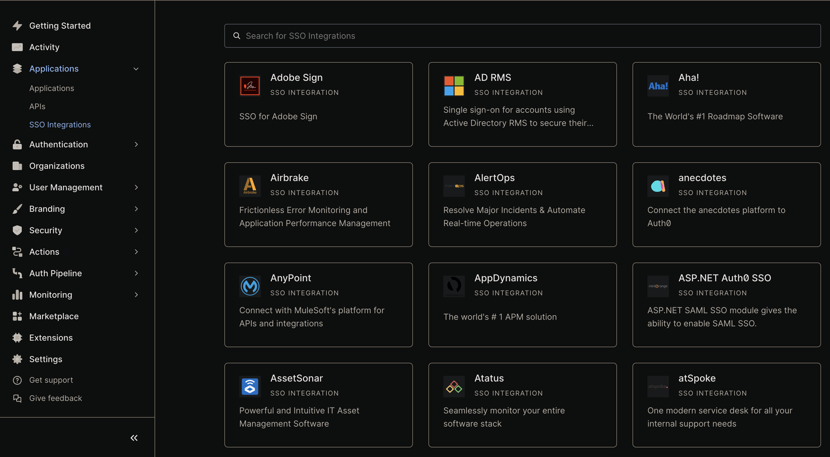 SSO Integration search tab