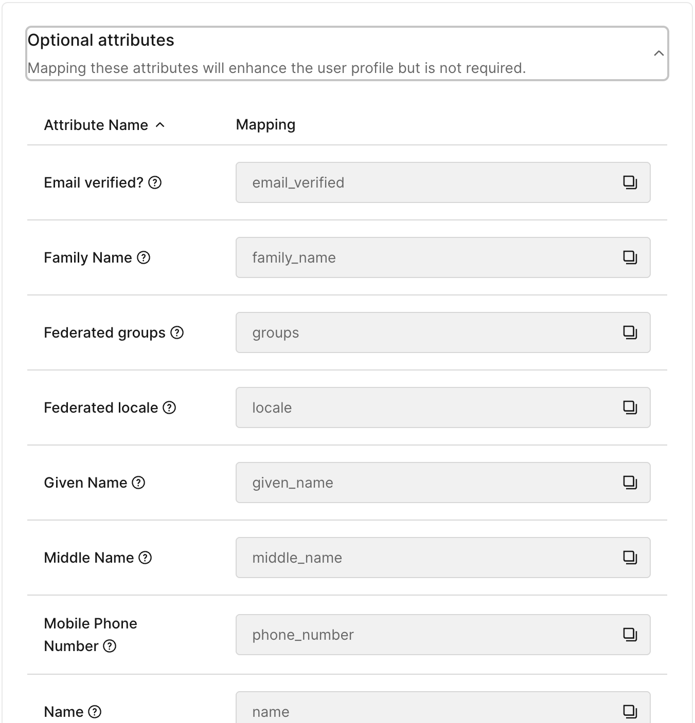 Sample list of optional attributes for an Okta OIDC connection