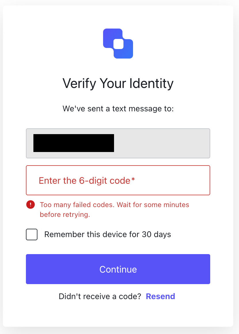 Too many failed codes. Wait for some minutes before retrying
