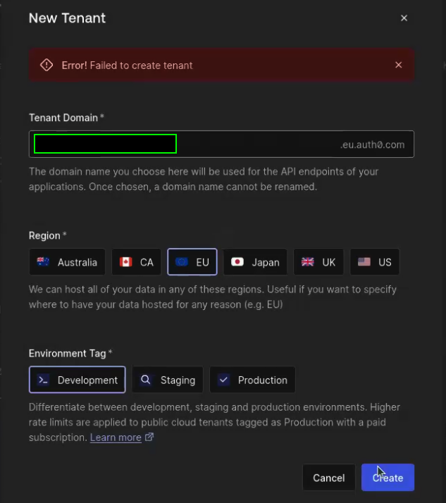 Error! Failed to create tenant