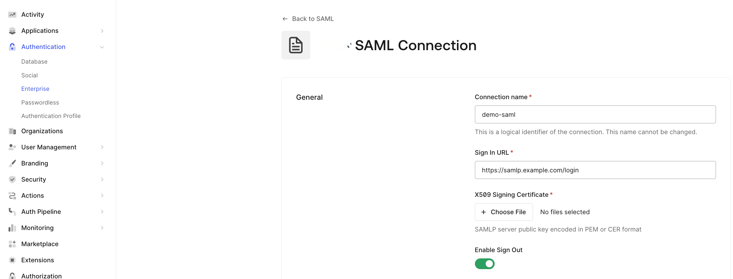 SAML connection
