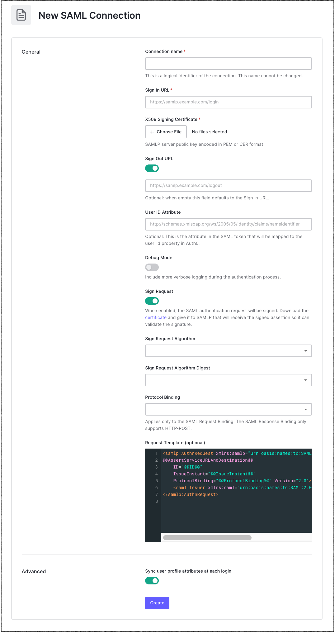 Dashboard Authentication Enterprise SAML Connection Settings