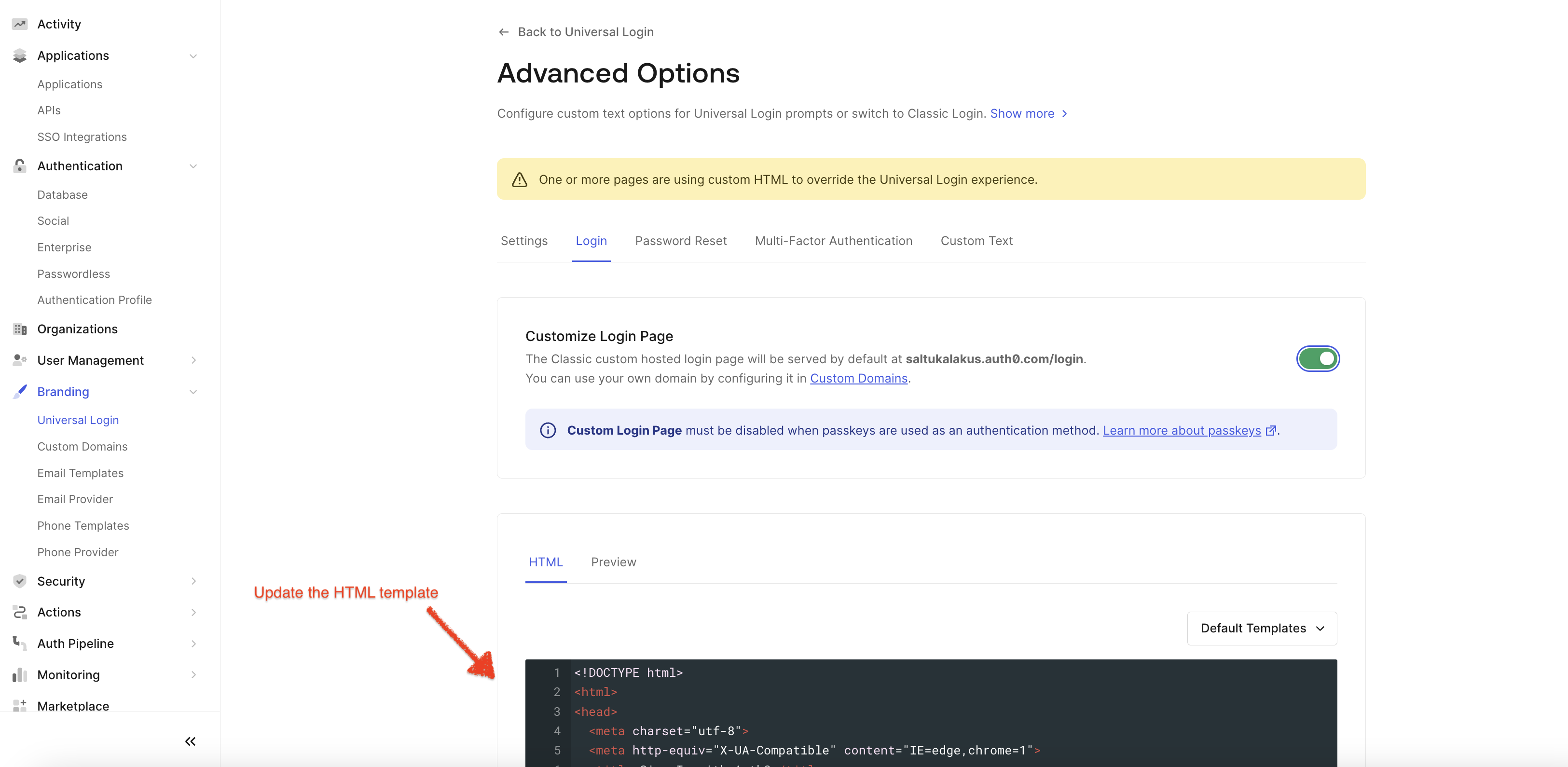 HTML Template in Auth0 Dashboard